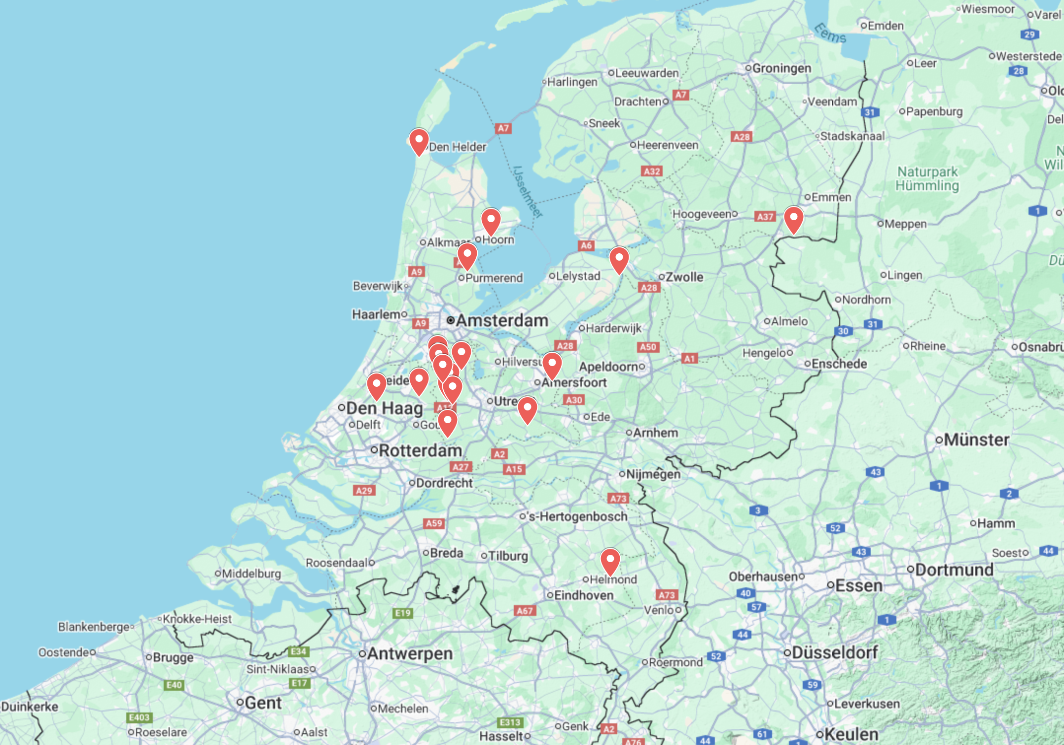 Kaart met locaties van de hutten